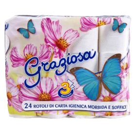   Háztartási kistekercses toalett papír, 24 tekercs/cs, 3 réteg, 100% cellulóz, Graziosa