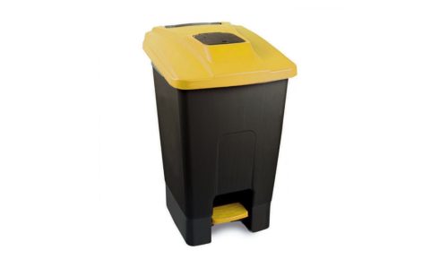 Szelektív hulladékgyűjtő konténer, műanyag, pedálos,  fekete/sárga, 100L